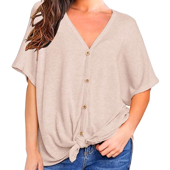 Tops - Women's Loose Blouse Short Sleeve V Neck Button Down T Shirts Tie Front
